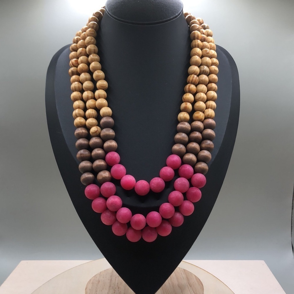 Artisan wood and glass bead statement style necklace boho festival.
